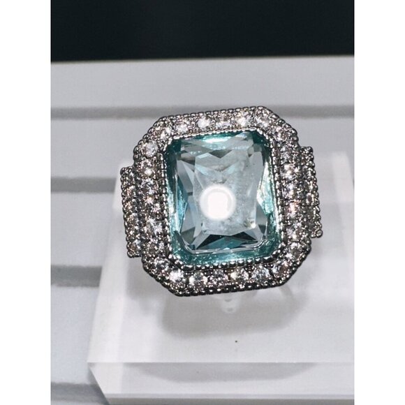 Aquamarine Cubic Zirconia Crystal Statement Ring Size 6 - Picture 3 of 16